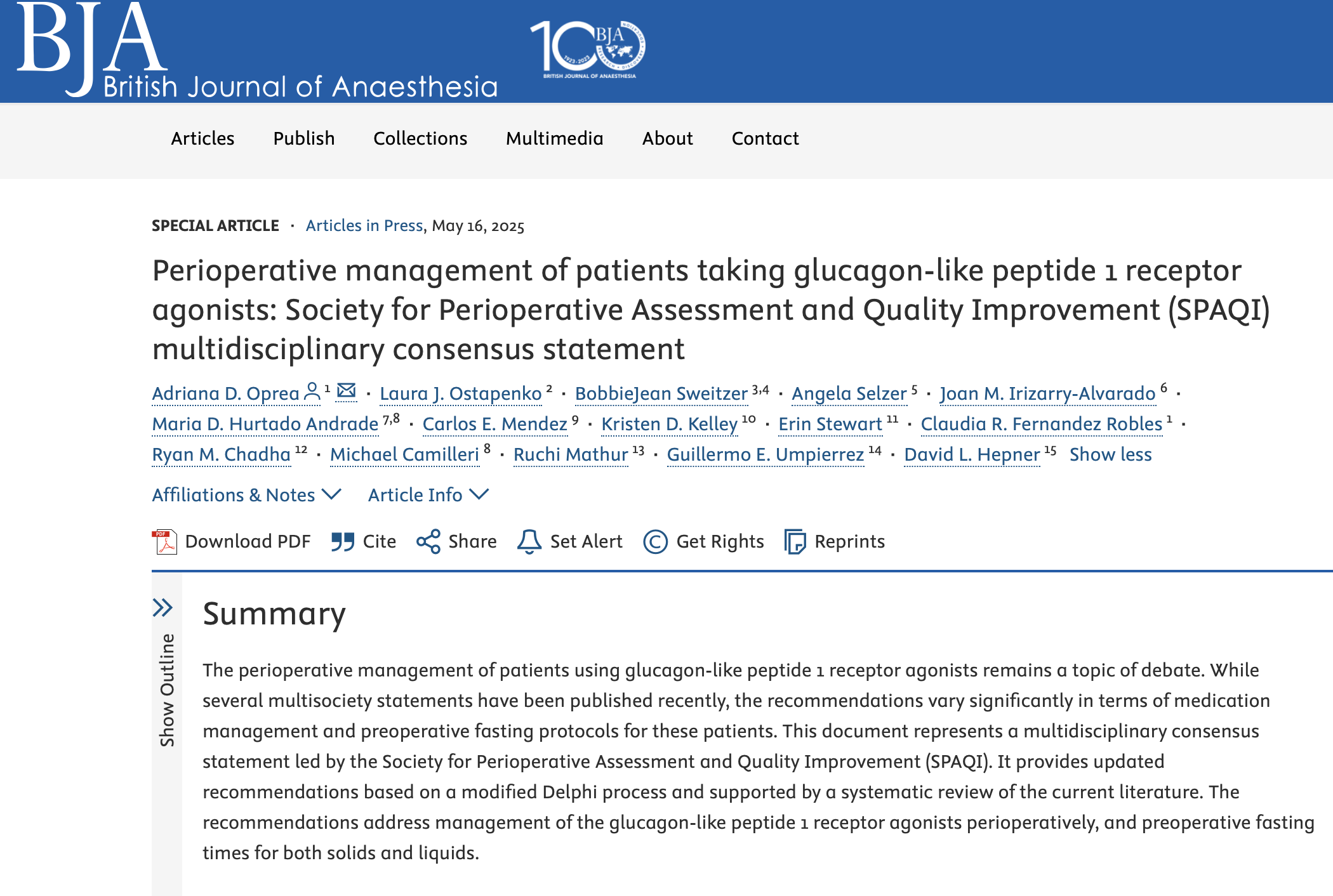 Perioperative management of patients taking glucagon-like peptide 1 receptor agonists: Society for Perioperative Assessment and Quality Improvement (SPAQI) multidisciplinary consensus statement 